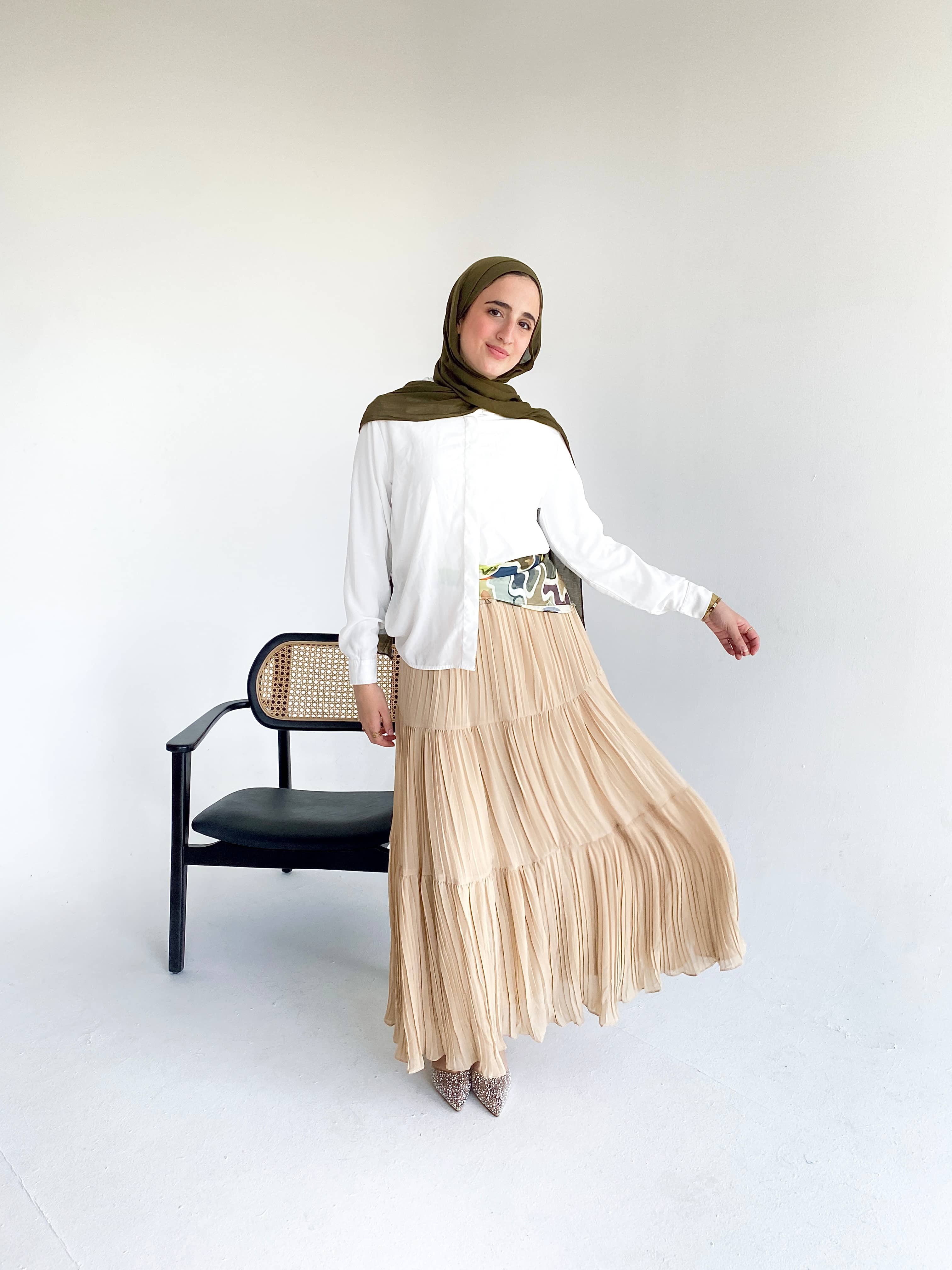 Beige Flowy Pleated Skirt
